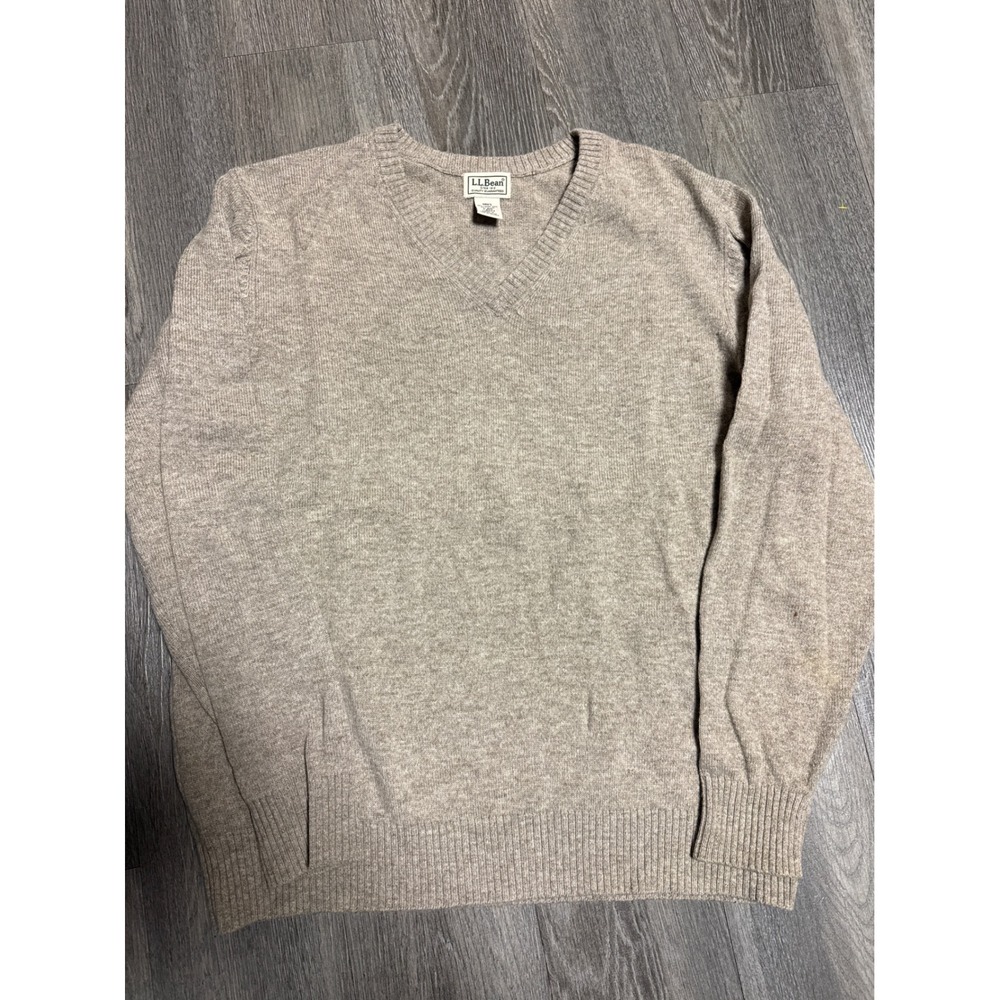 LL Bean Mens V-Neck Sweater Tan Lambswool Blend Size Large L-REG 0BHX2